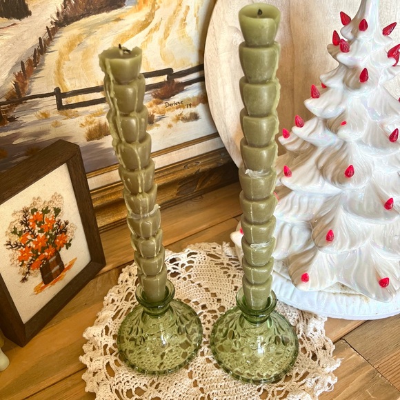 Vintage Set of two green glass candlesticks holder - Picture 2 of 6